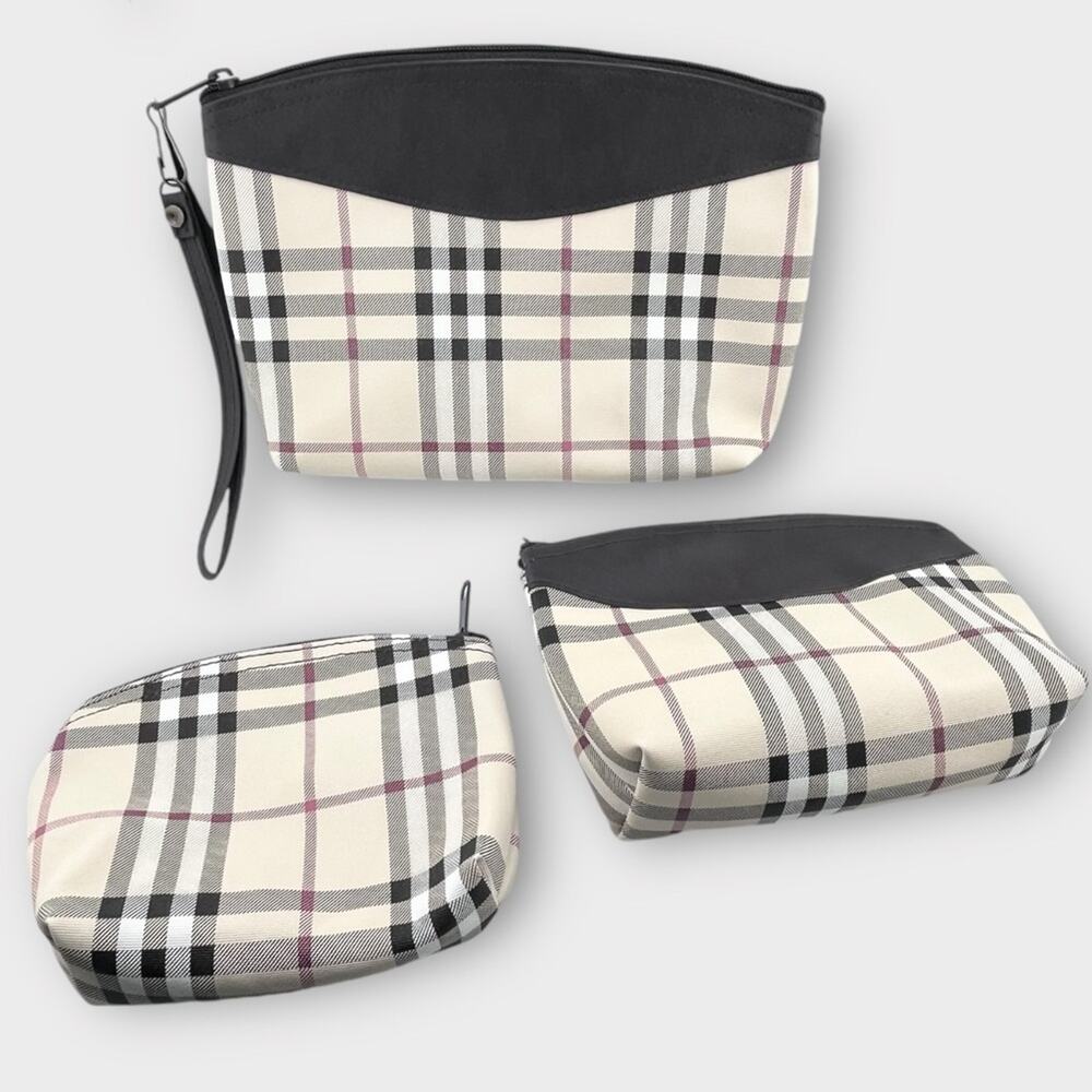 SET OF 3 plaid vinyl preppy waterproof zip cosmetic bags never used - Picture 2 of 8